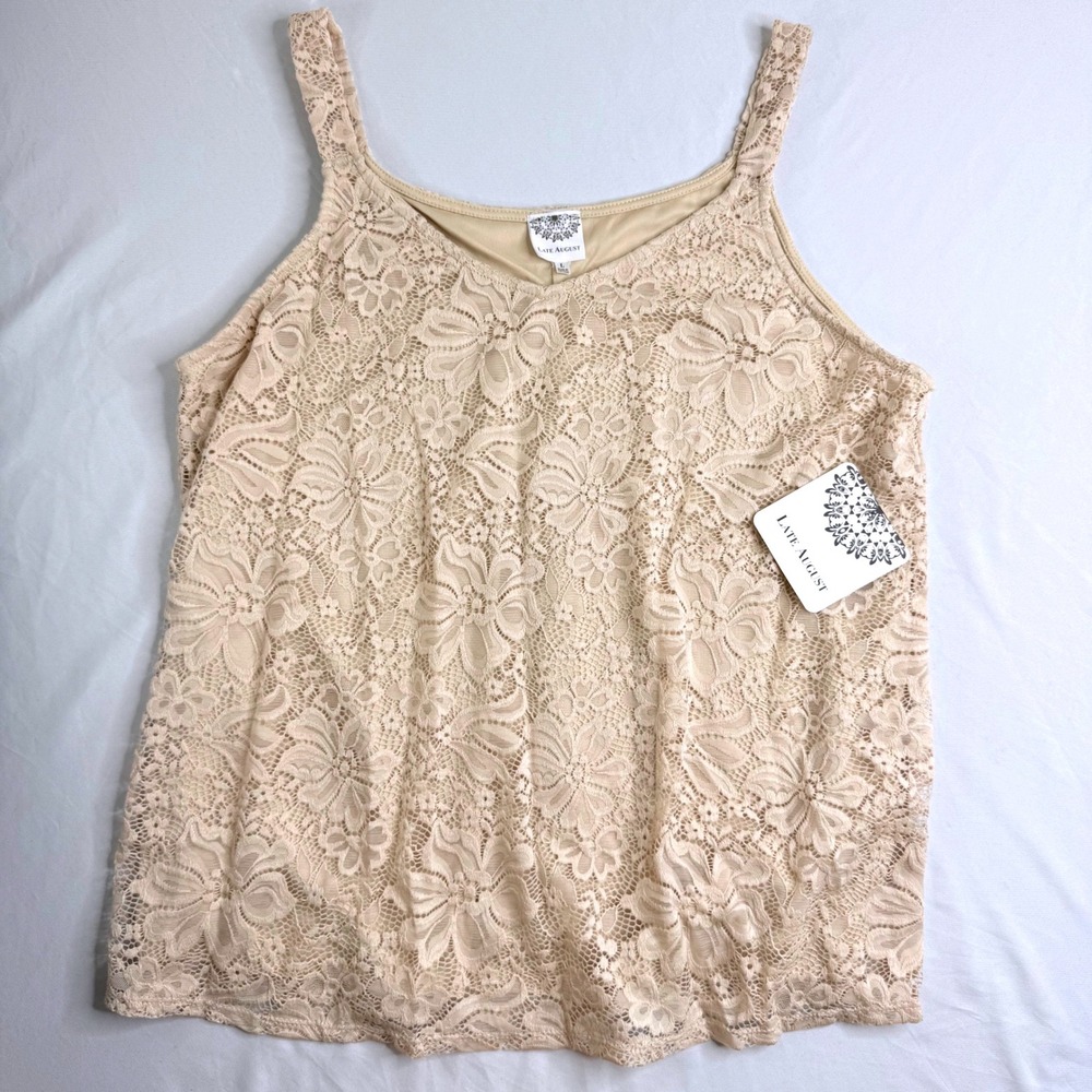 Late August Beige Floral Lace Tank Top Lined Sleeveless Scoop Neck NWT Large